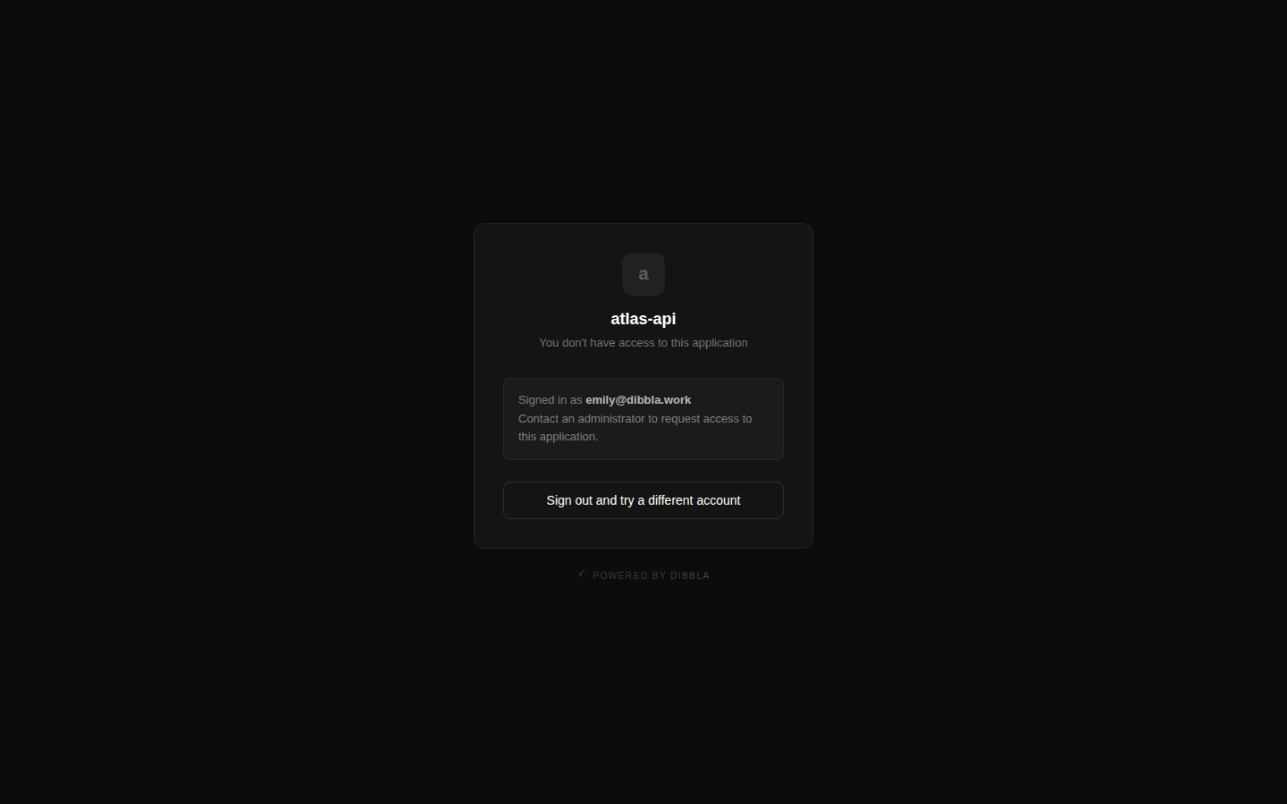The access denied page, showing the app name and the signed-in identity
