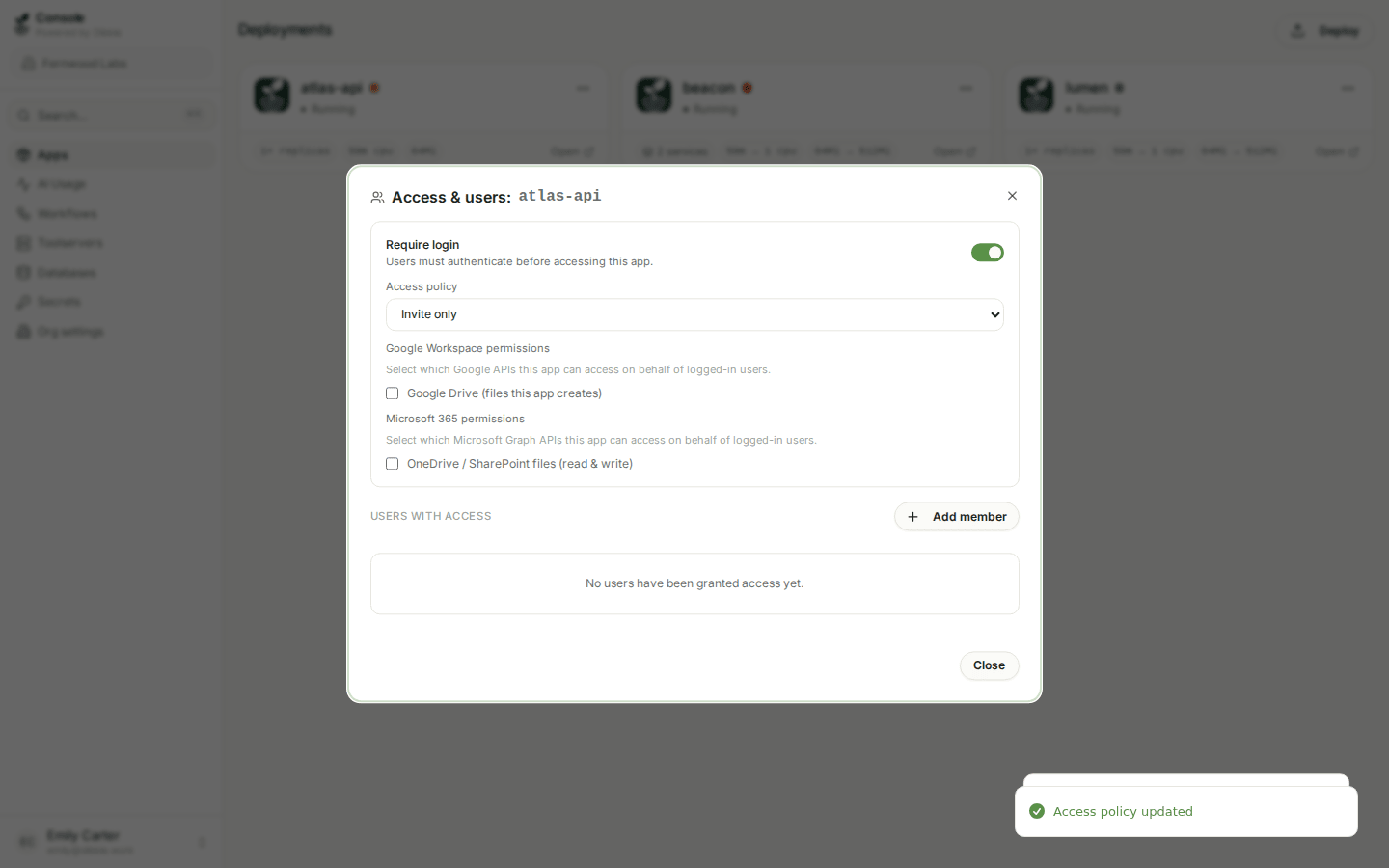 Invite-only access, listing the users who have been granted access