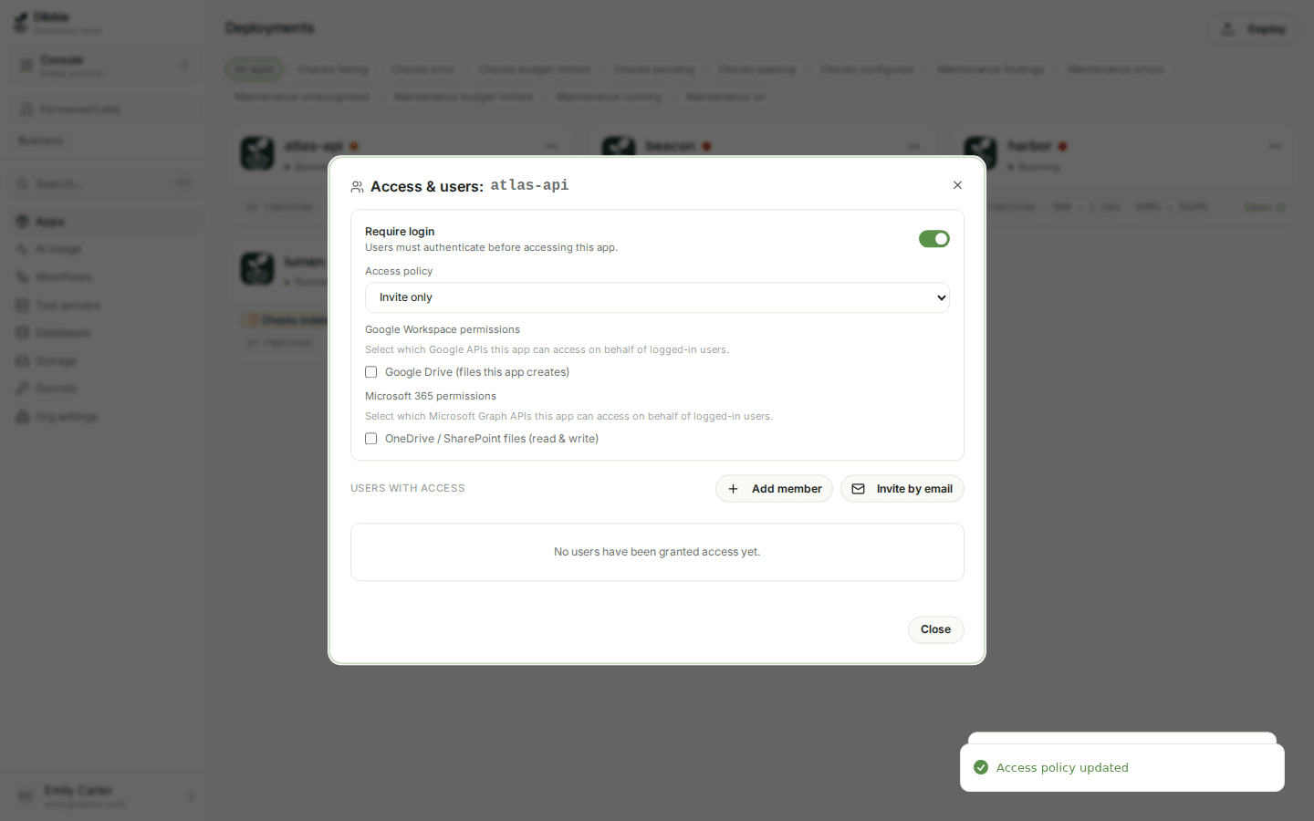 Invite-only access, listing the users who have been granted access