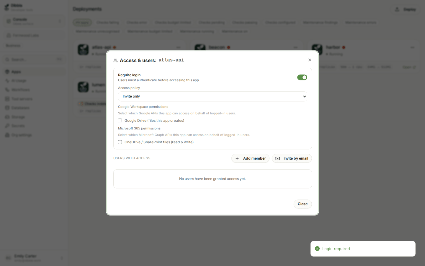 The Access and users dialog with login required and the three access policies
