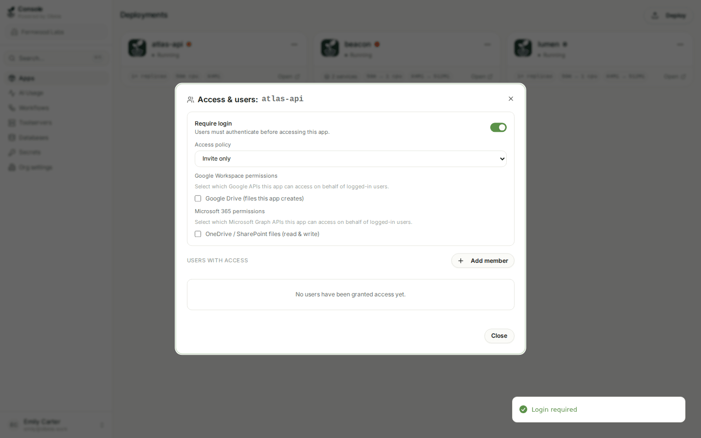 The Access and users dialog with login required and the three access policies