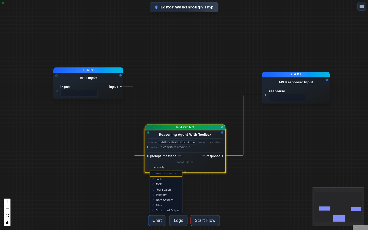 The ADD CAPABILITY menu listing Tools, MCP, Tool Search, Memory, Data Sources, Files and Structured Output