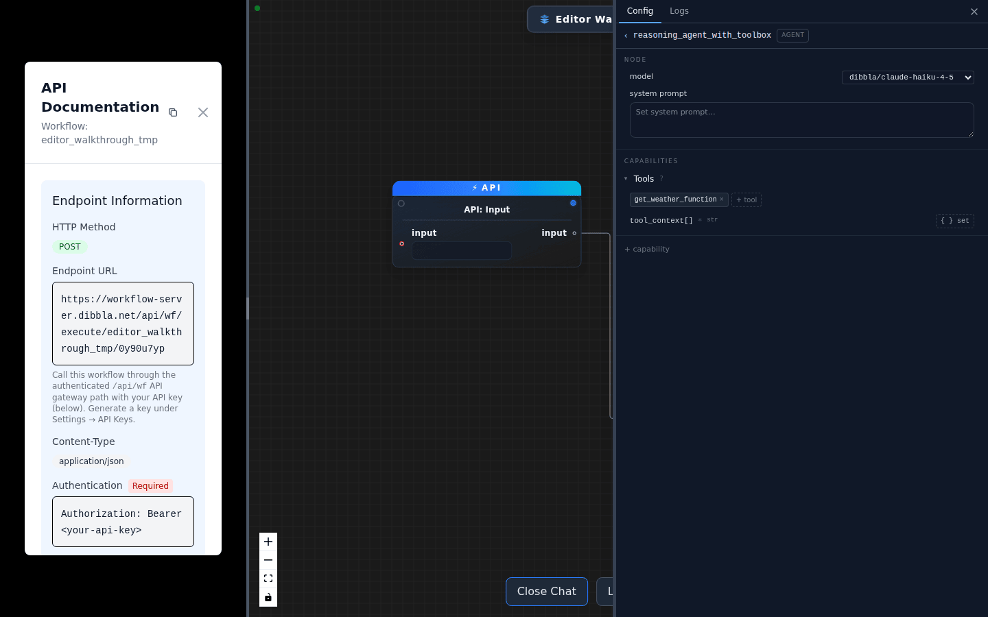 The API Documentation panel, showing the POST endpoint, content type and bearer authentication