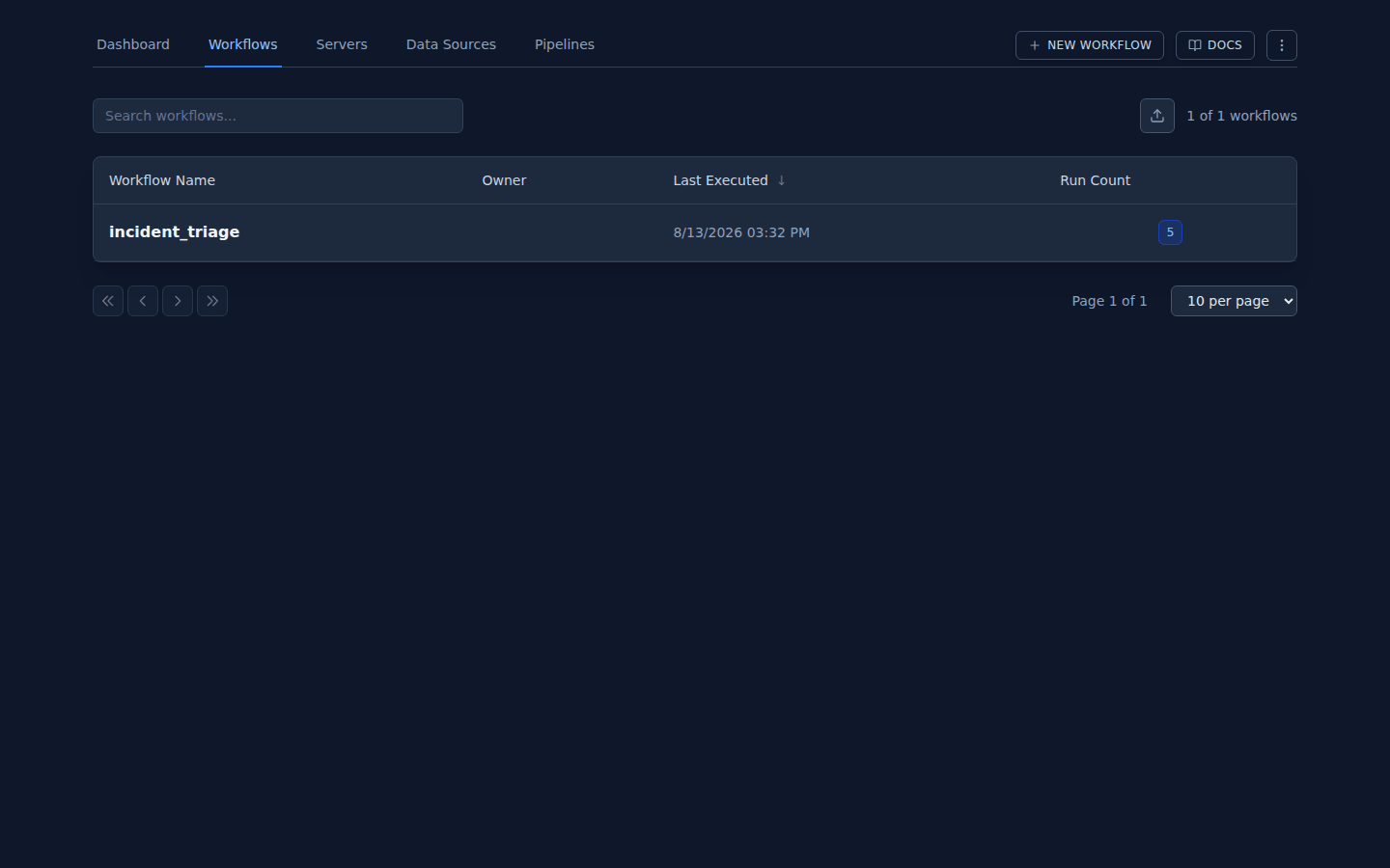 The workflow catalogue listing workflows with their node counts and API status
