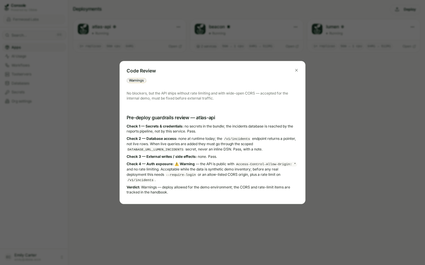 The Code Review dialog showing a Warnings status, its summary, and the full report body