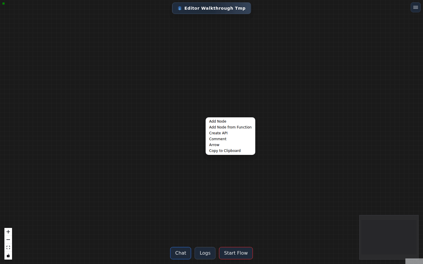 The canvas context menu, offering Add Node, Add Node from Function, Create API, Comment and Arrow