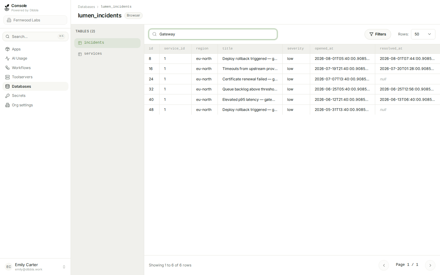 The same table filtered by a free-text search, showing six matching rows