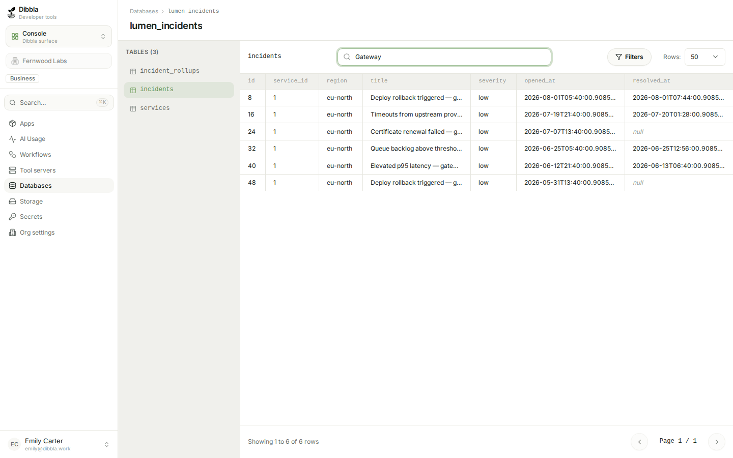 The same table filtered by a free-text search, showing six matching rows