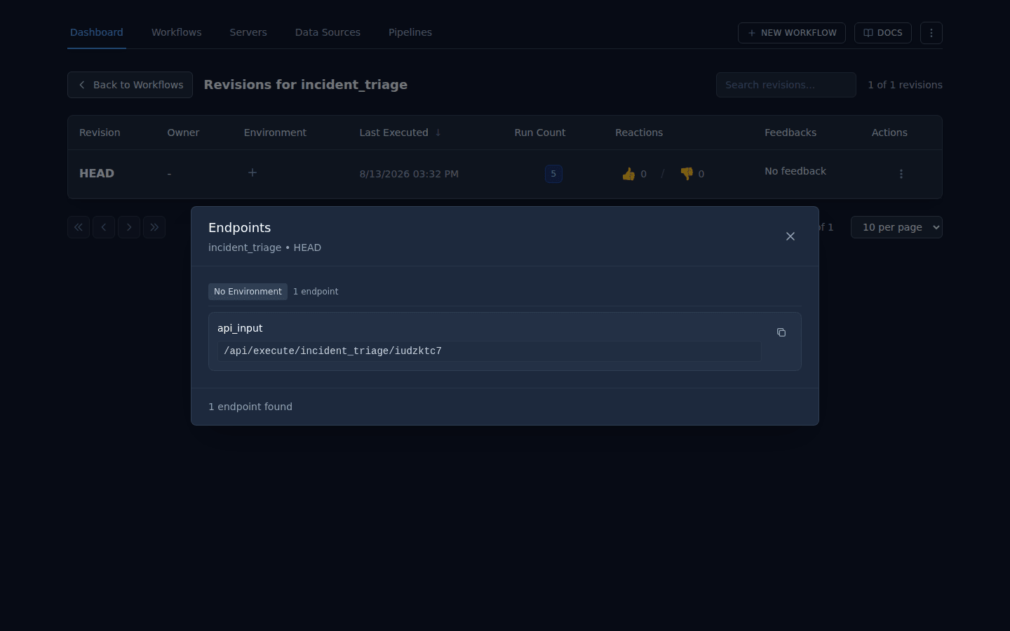 A workflow revision's endpoints, showing the execute URL and its API key
