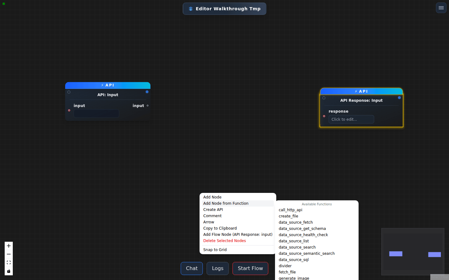 The function submenu listing the available functions from the registry