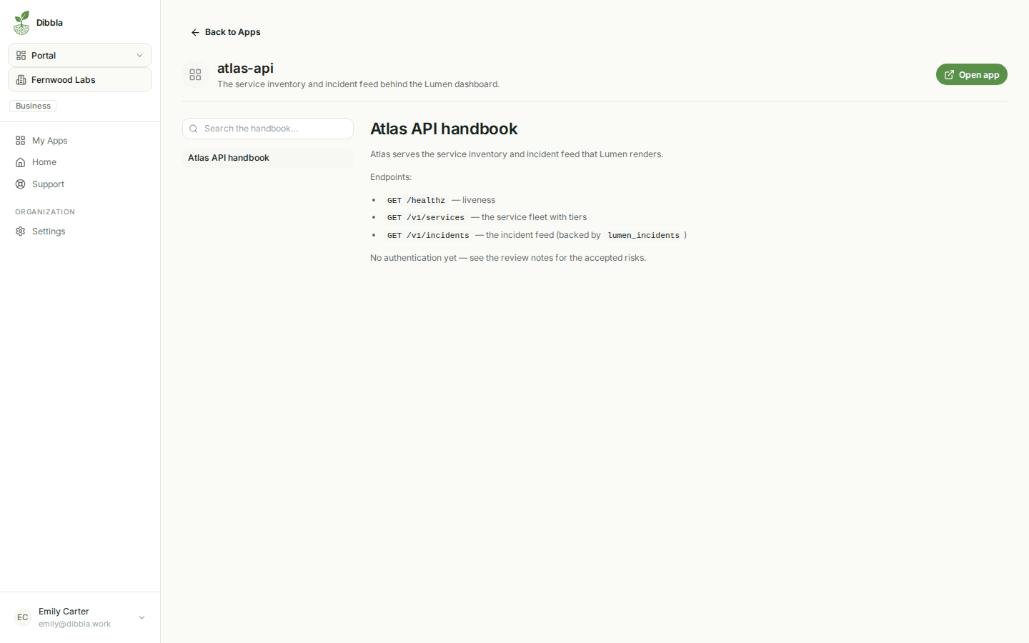 An app handbook rendered in the portal, with its pages in a sidebar