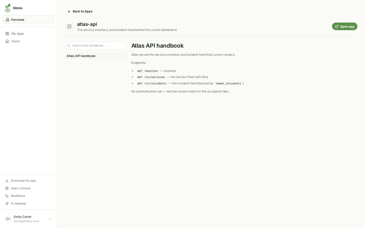An app handbook rendered in the portal, with its pages in a sidebar