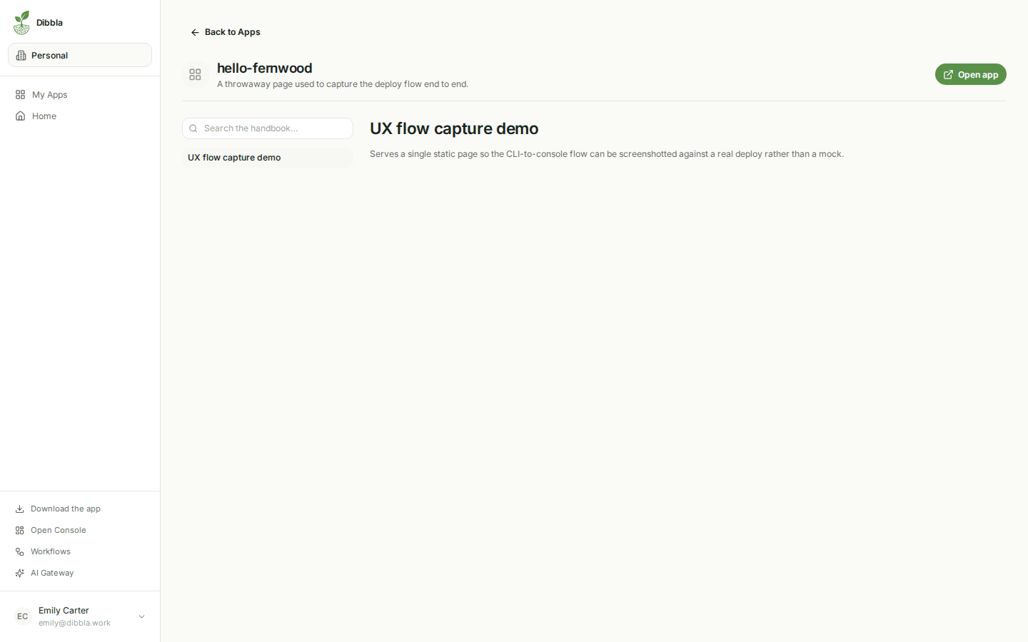 The handbook as the deploy produced it, showing the landing page and its links