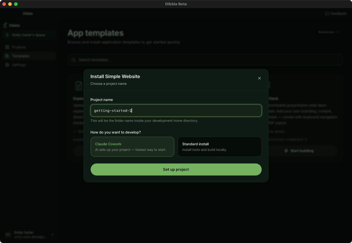 The install dialog, offering Claude Cowork or a standard local install