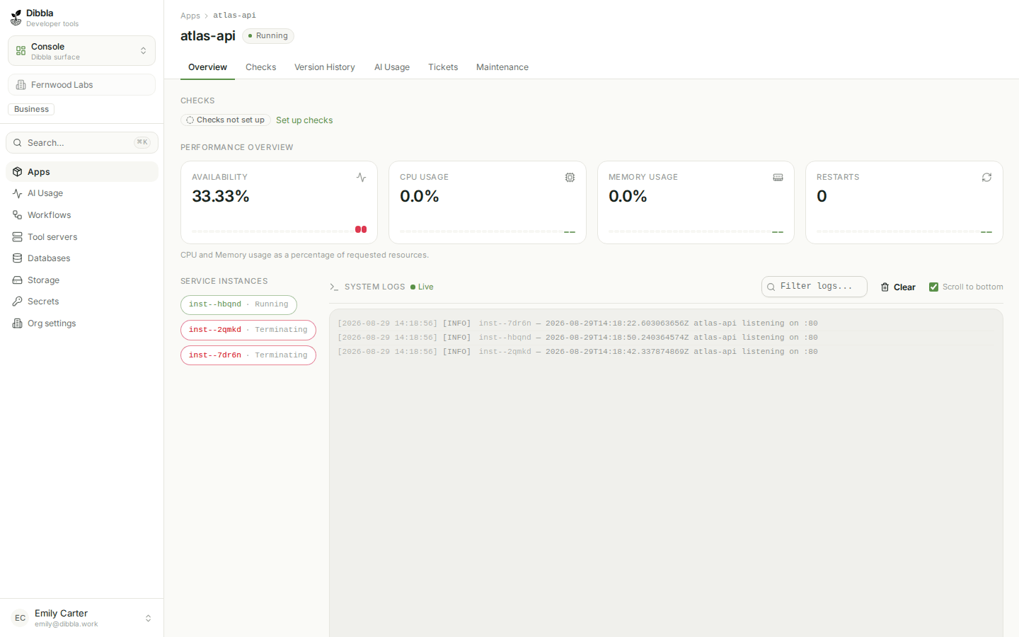 The live log pane streaming output from a running app