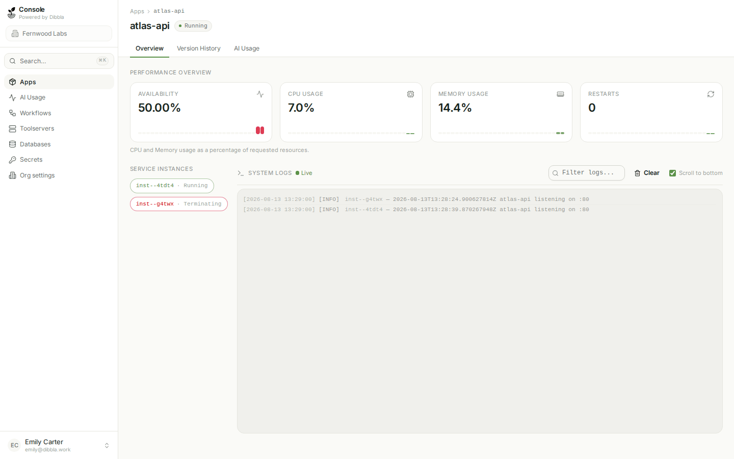 The live log pane streaming output from a running app
