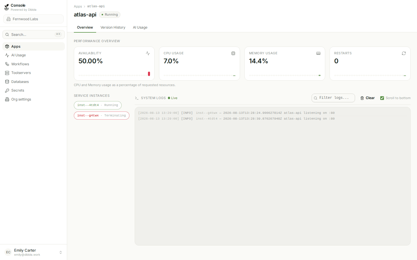An app overview in the console, with status, resources and the log pane