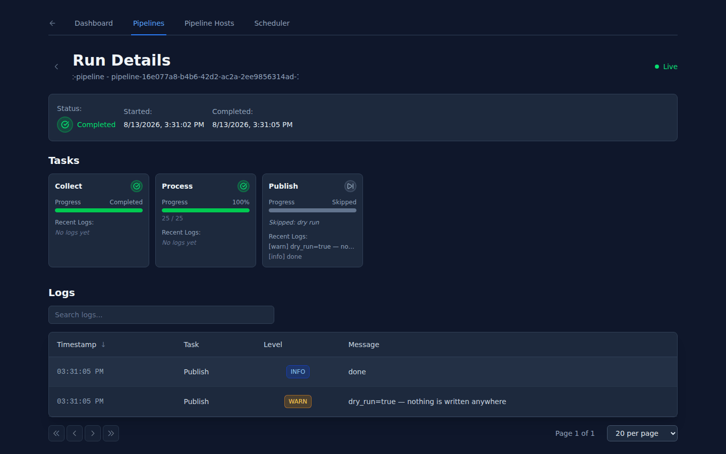 A pipeline run detail view with tasks, progress and logs