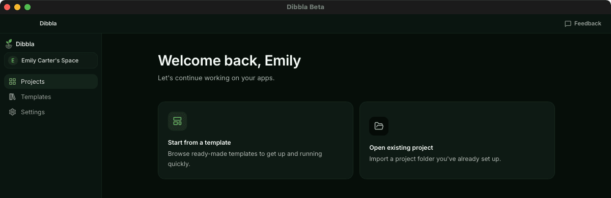 The Dibbla desktop app's projects screen, with Start from a template and Open existing project