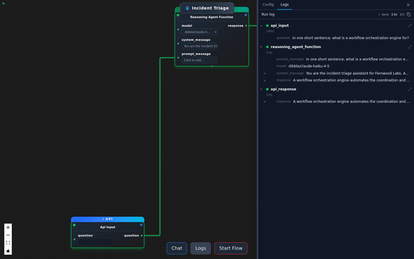 The editor's Logs panel during a run
