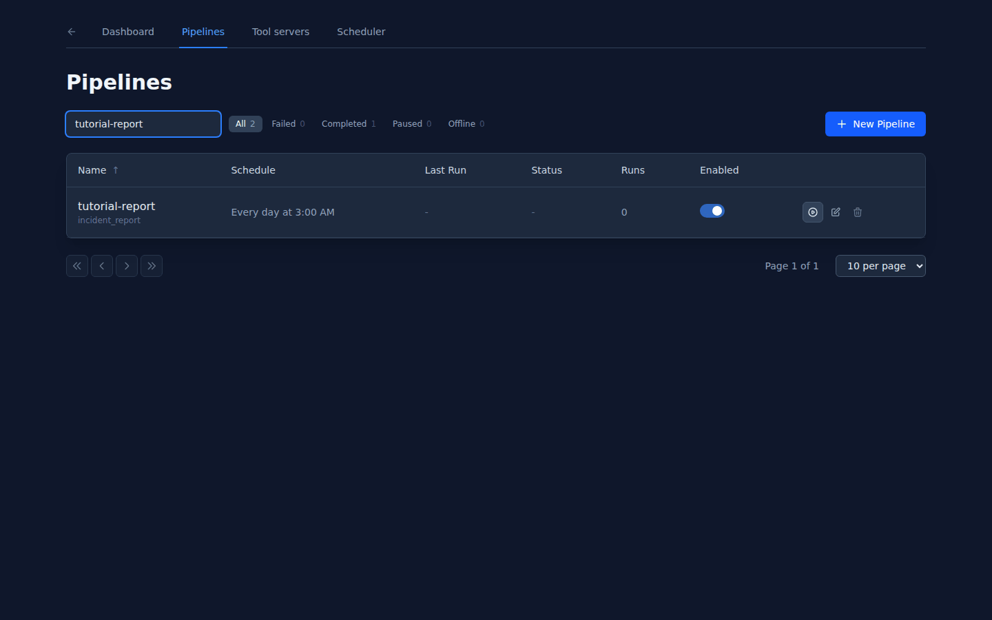 The Pipelines list filtered to the tutorial-report pipeline, showing job incident_report, schedule Every day at 3:00 AM, an enabled toggle and run controls