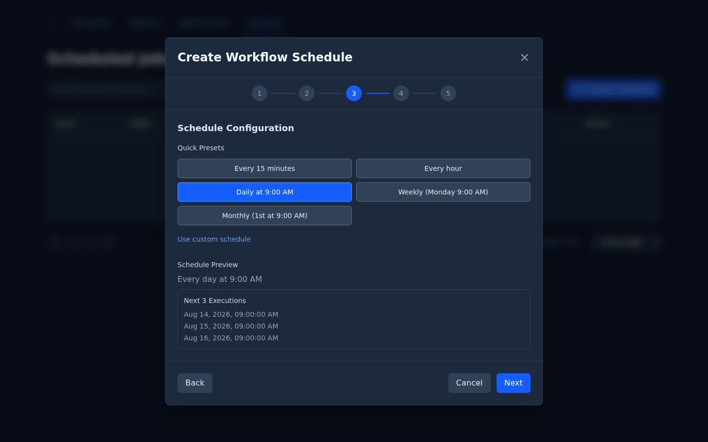 The scheduler wizard's cron step