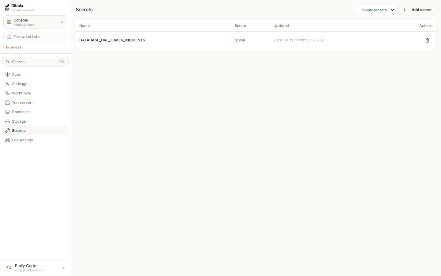 The console Secrets view listing a global secret and its scope
