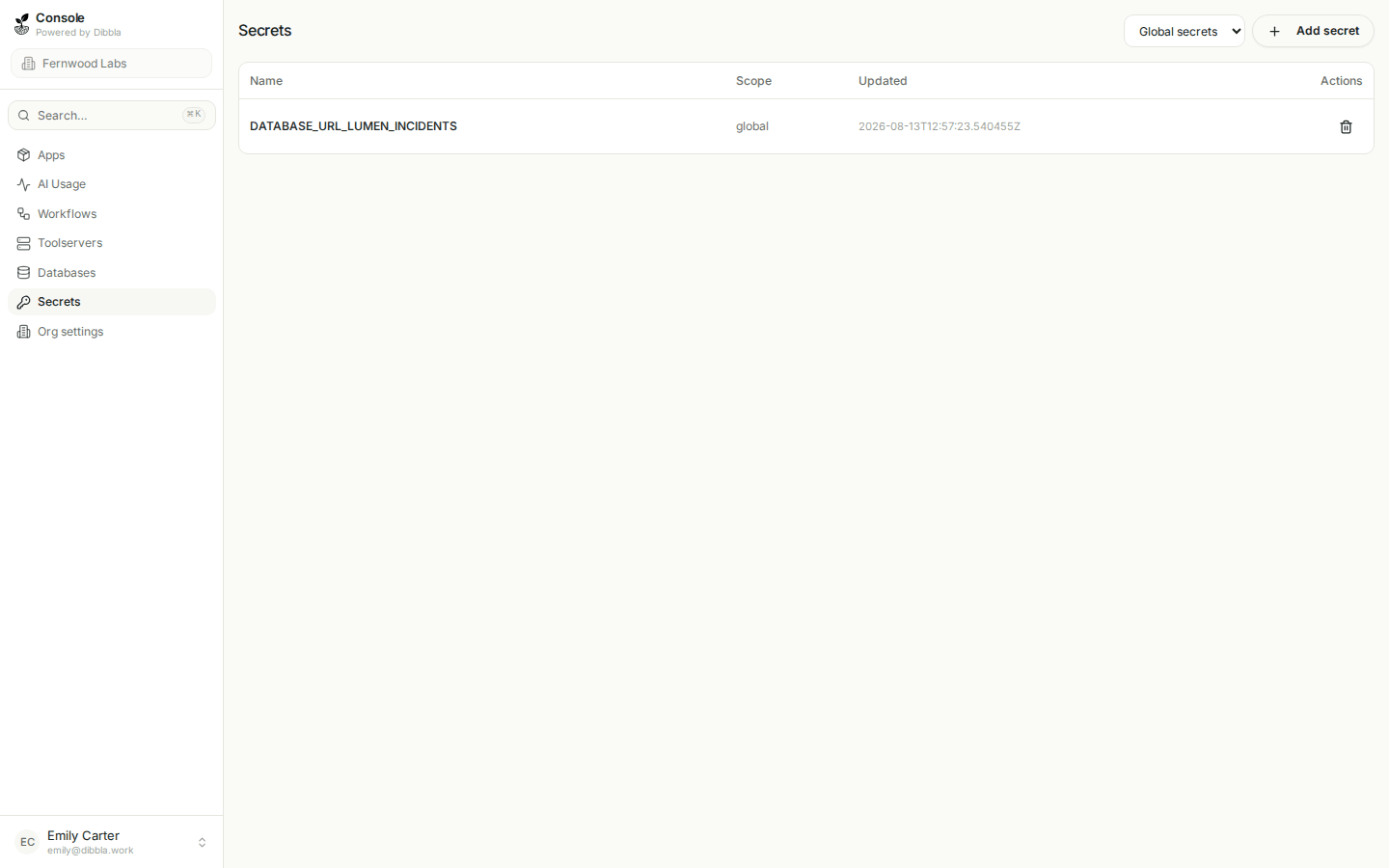 The console Secrets view listing a global secret and its scope