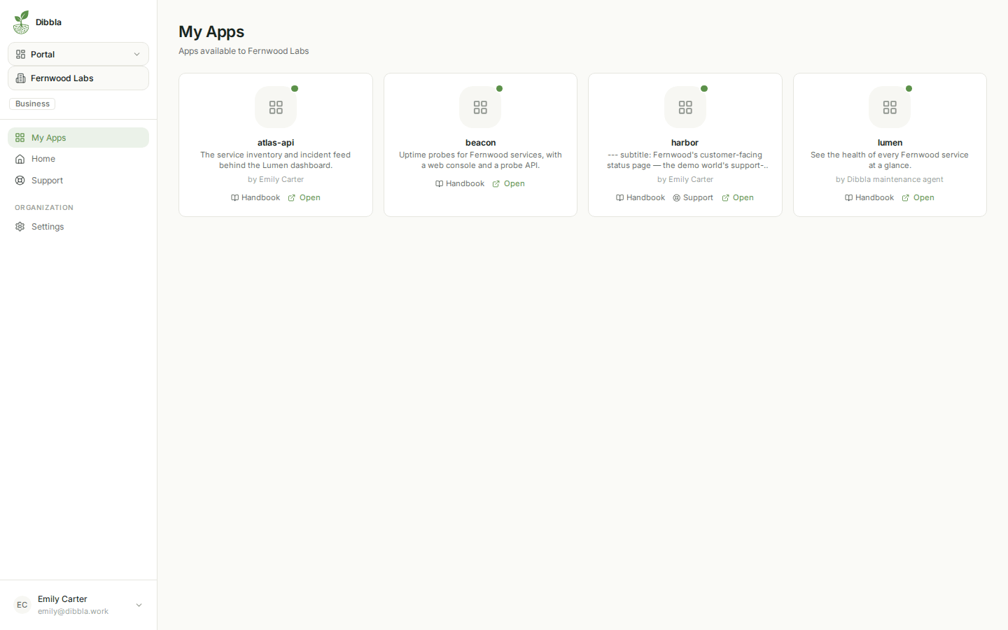 The portal My Apps catalogue, showing each app with its subtitle, a Handbook link and an Open button
