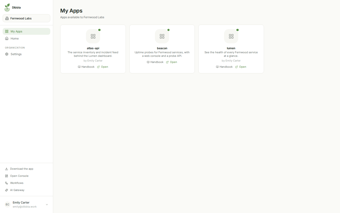 The portal My Apps catalogue, showing each app with its subtitle, a Handbook link and an Open button