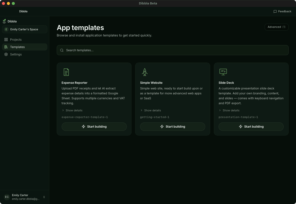 The template gallery in the desktop app, showing Expense Reporter, Simple Website and Slide Deck