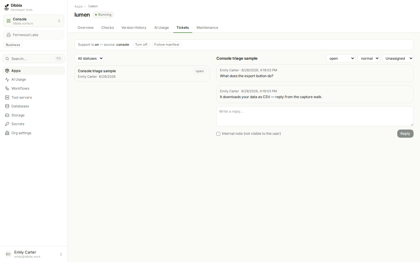 An open ticket thread: a user's question, a reply already sent, status/priority/assignee controls in the header, and an "Internal note" checkbox beside the reply box.