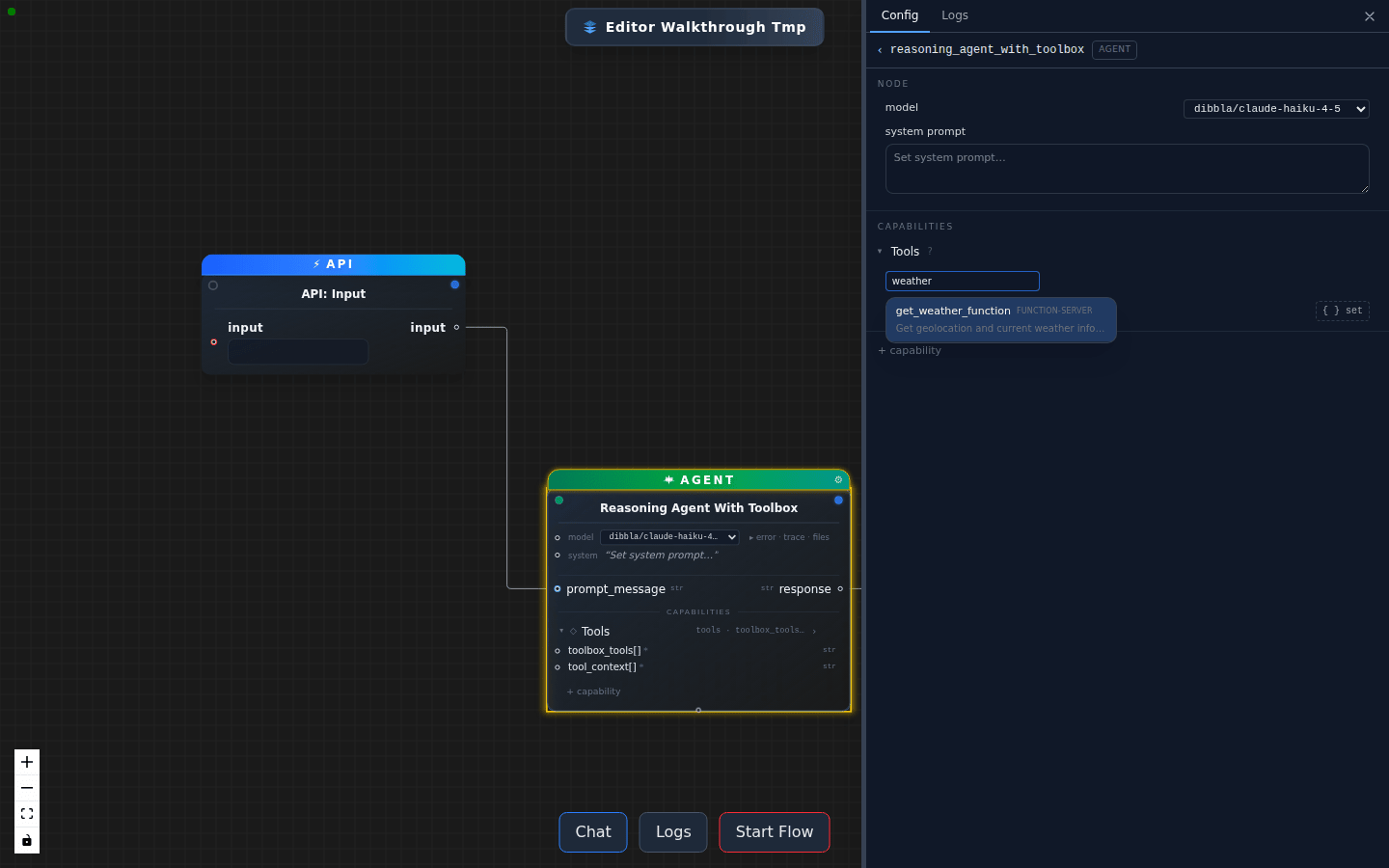 The config panel with the tool search open, matching get_weather_function