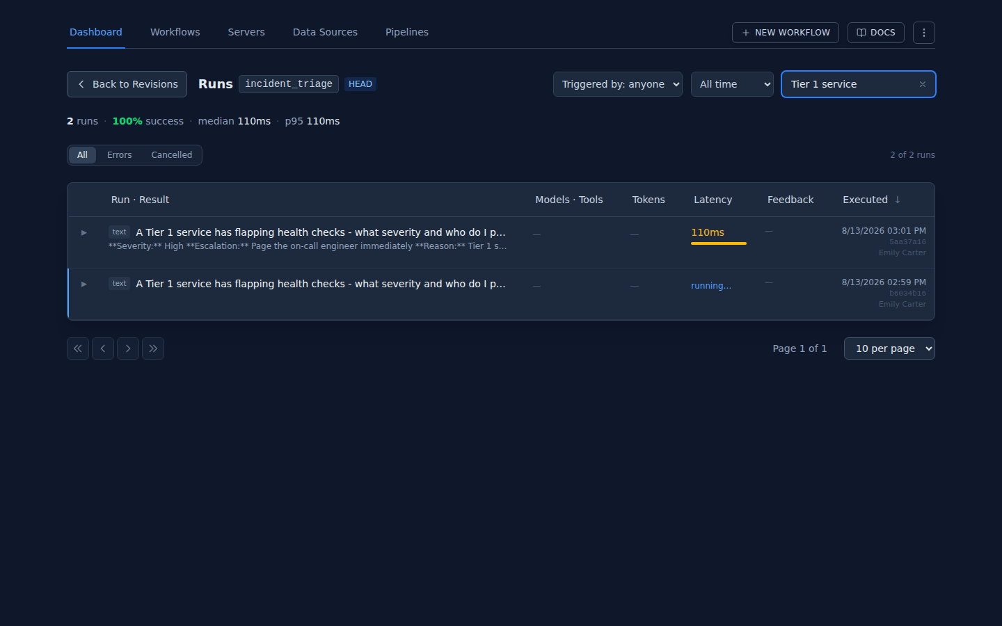 The incident_triage runs view filtered to Tier 1 service executions, showing a completed triage result and a second running execution with latency and actor columns